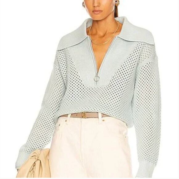 JONATHAN SIMKHAI Blue Ariella Plaited Polo Quarter Zip Sweater Tide White Medium - Picture 1 of 7